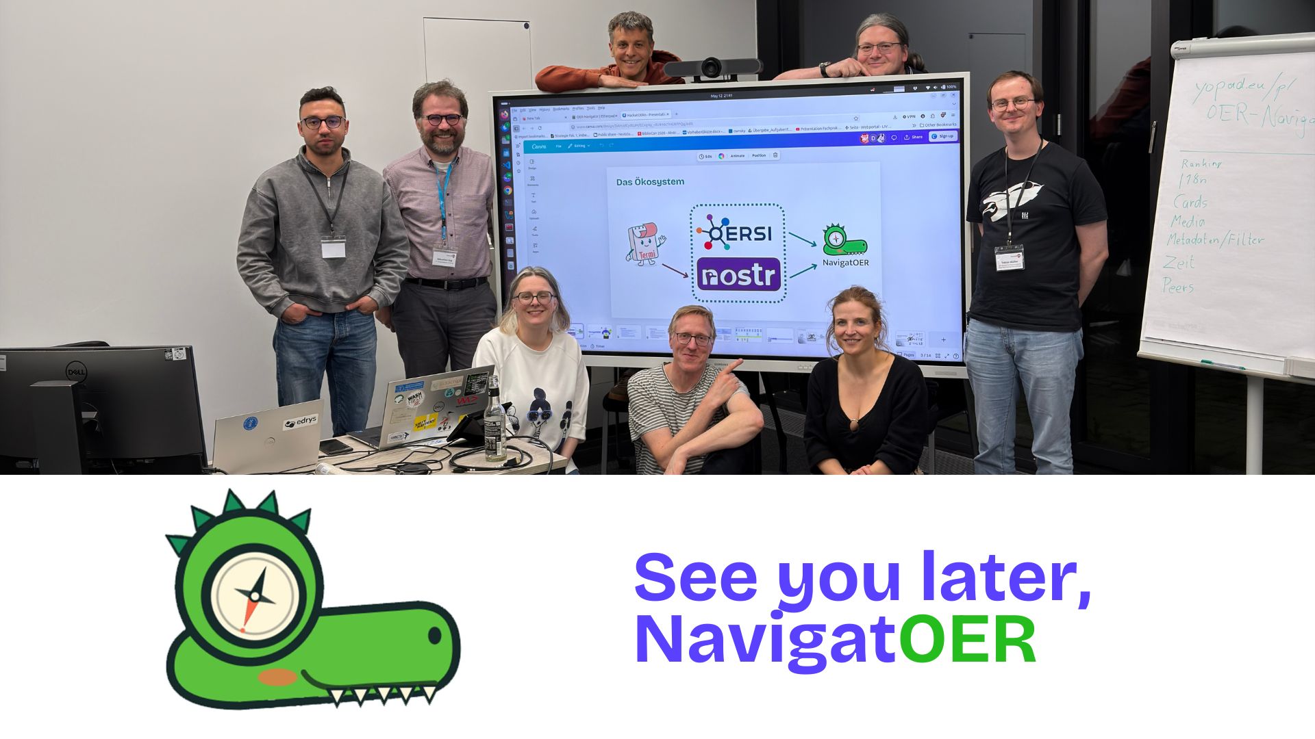 Die NavigatOER- und Termi-Crew vor der Ökosystem-Folie – „See you later, NavigatOER"