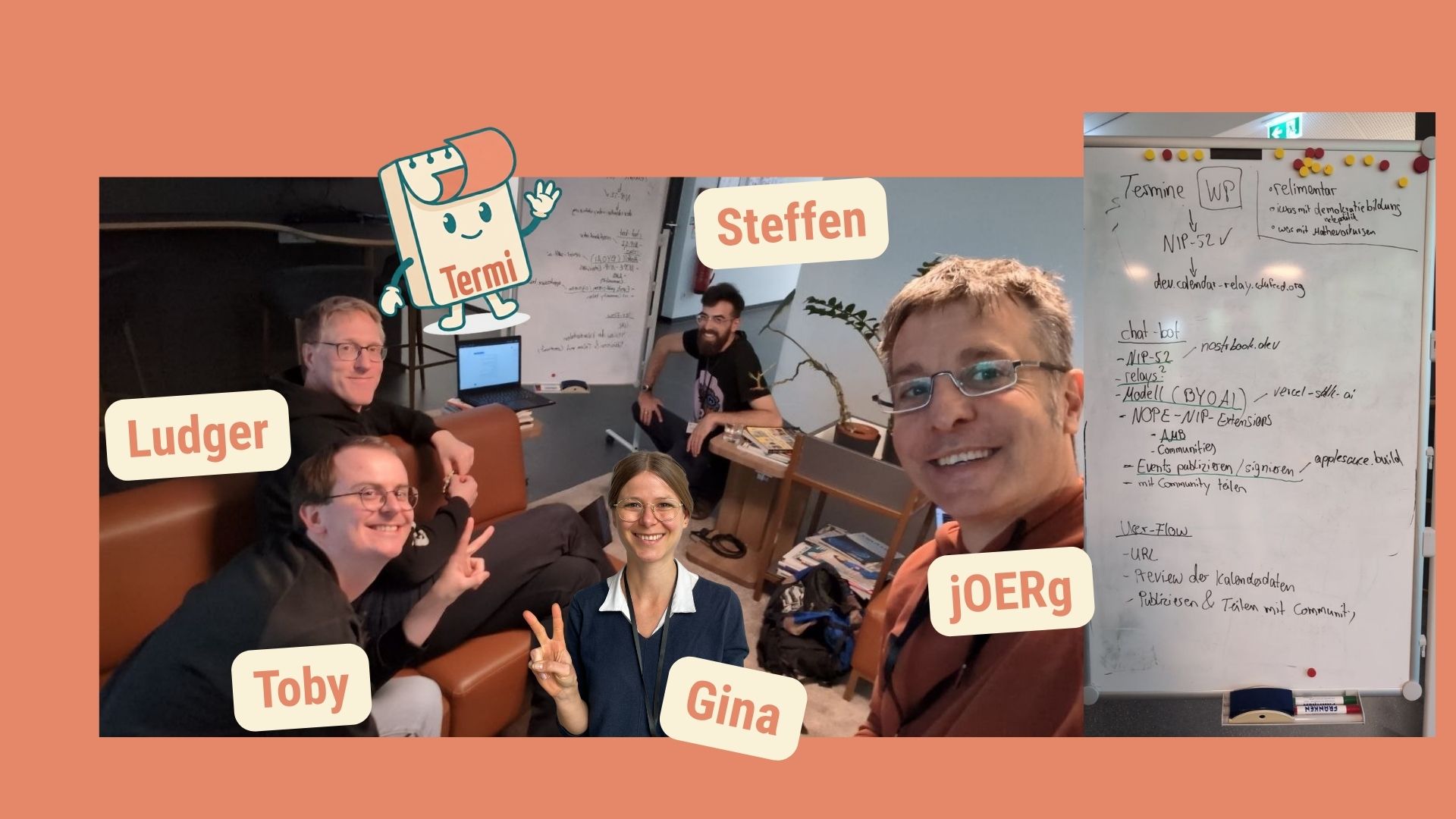 Das Termi-Team am Whiteboard: Ludger, Steffen, Gina und Jörg vom FOERBICO-Team mit Toby (GWDG) und Maskottchen „Termi"