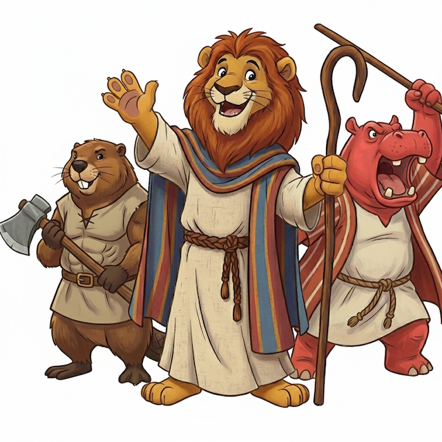 Ein Biber, ein Löwe und ein Nilpferd im Stile der Charaktere aus der Kinderbibel der Löwe von Juda KI generiert